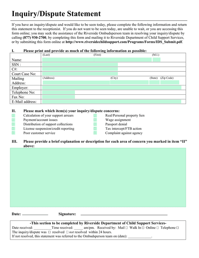 InquiryDispute Statement screenshot