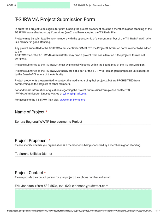 T S IRWMA Project Submission Form screenshot