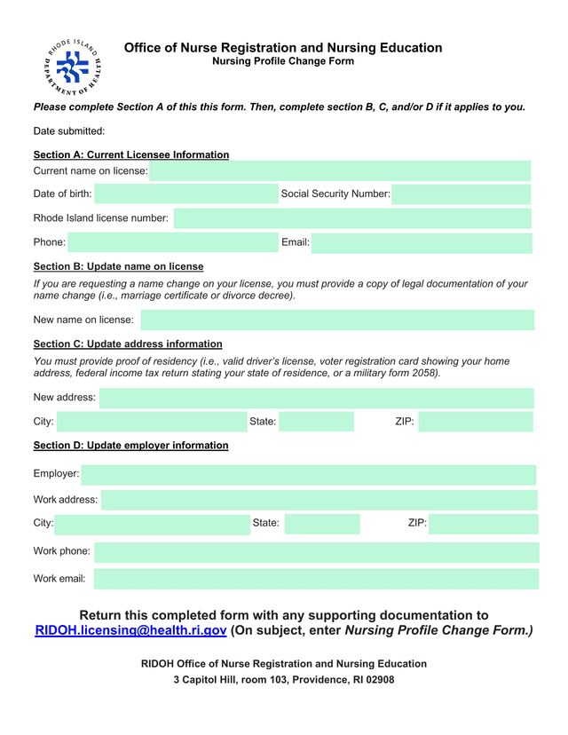 Nursing Profile Change Form screenshot