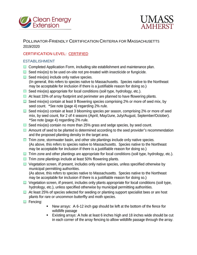 Pollinator Friendly Certification Criteria For Massachusetts screenshot