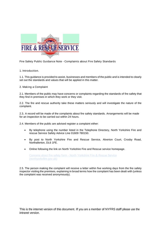 Fire Safety Public Guidance Note   Complaints About Fire Safety Standards screenshot