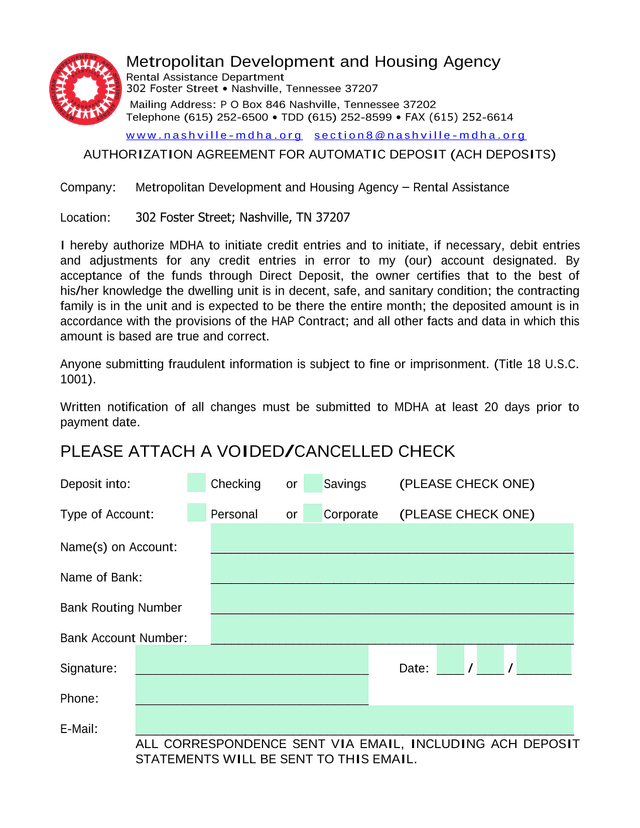 Authorization Agreement For Automatic Deposit (ACH Deposits) screenshot