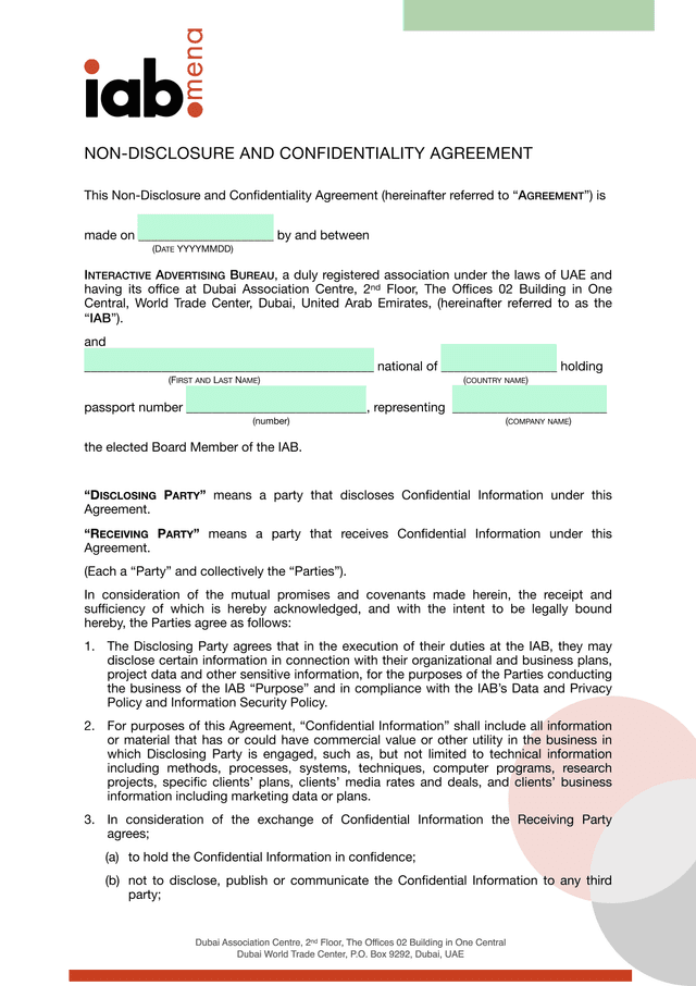 Non Disclosure And Confidentiality Agreement screenshot