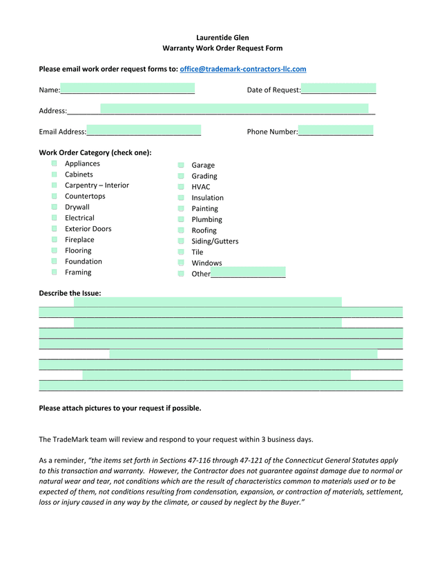 Laurentide Glen Warranty Work Order Request Form screenshot