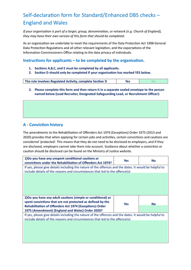 Self Declaration Form For StandardEnhanced DBS Checks  England And Wales screenshot