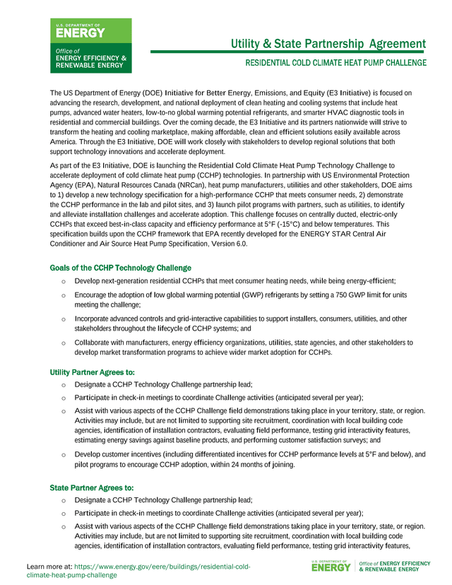 Utility  State Partnership Agreement   Residential Cold Climate Heat Pump Challenge screenshot