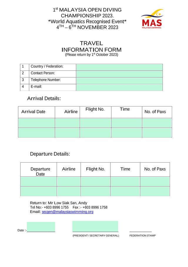 1st Malaysia Open Diving Championship 2023 Travel Information Form screenshot