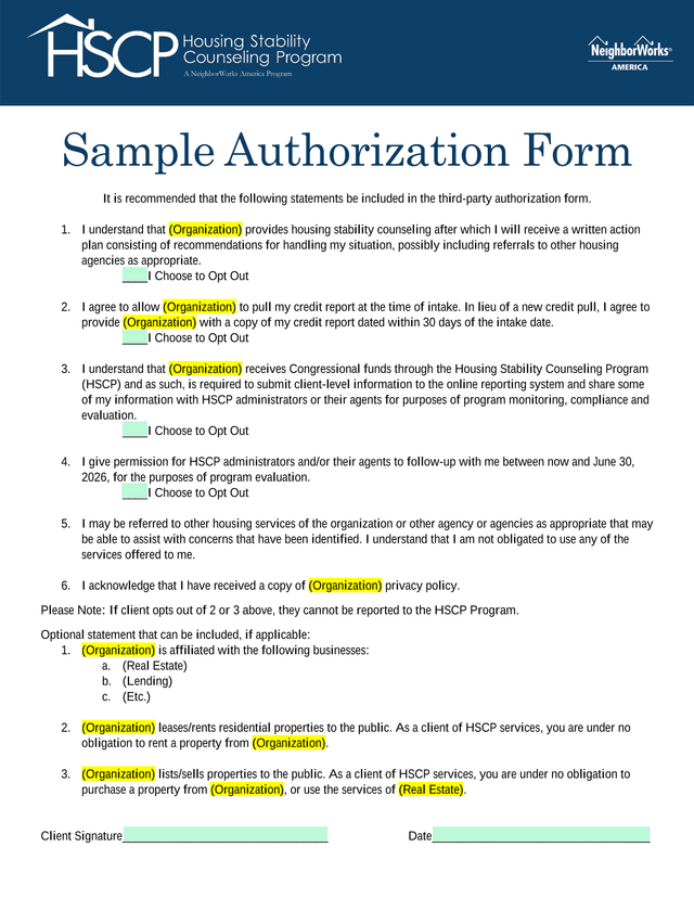Sample Authorization Form screenshot