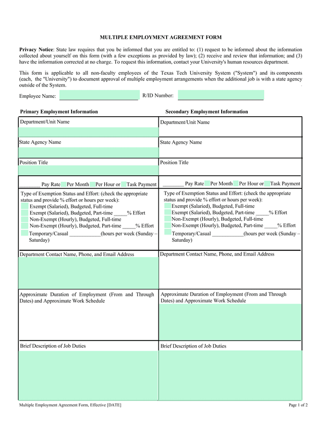 Multiple Employment Agreement Form screenshot