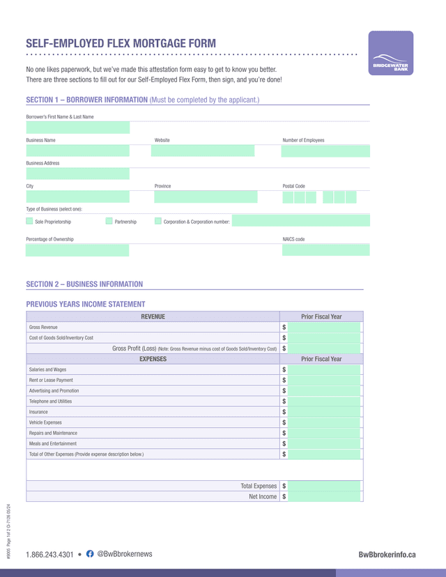 Self Employed Flex Mortgage Form screenshot