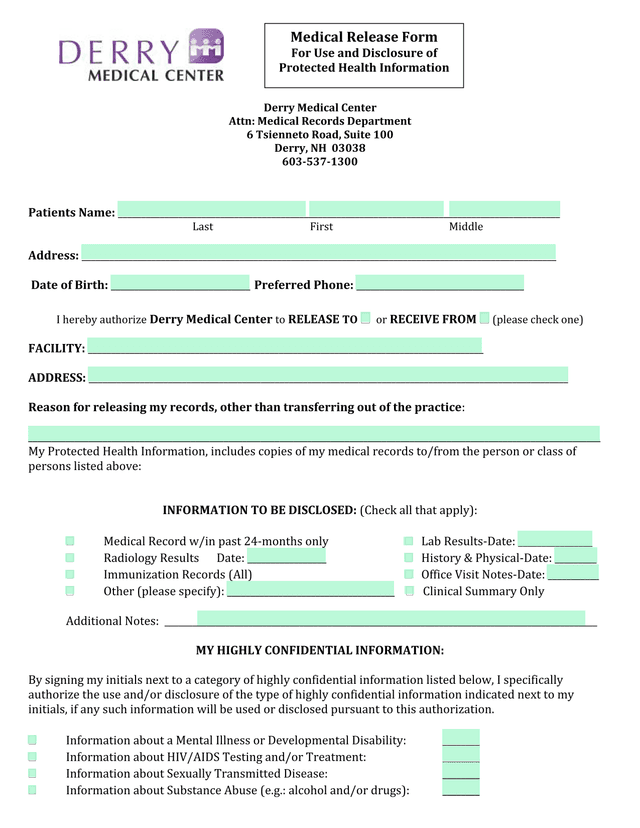Medical Release Form For Use And Disclosure Of Protected Health Information screenshot