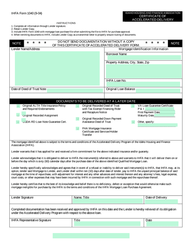 IHFA Form 1040 Certificate Of Accelerated Delivery screenshot