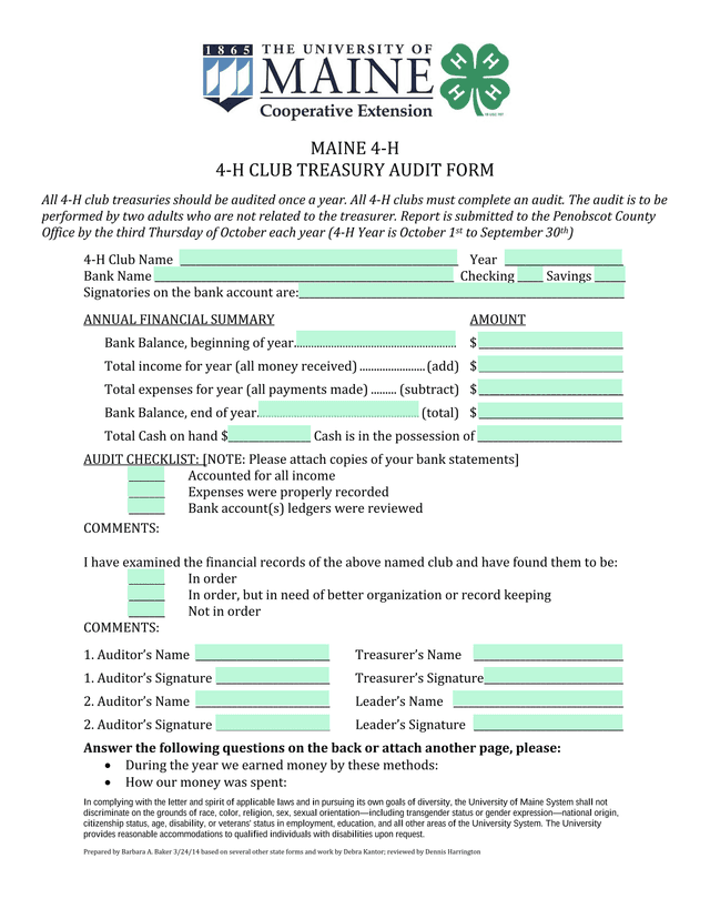 4 H Club Treasury Audit Form screenshot