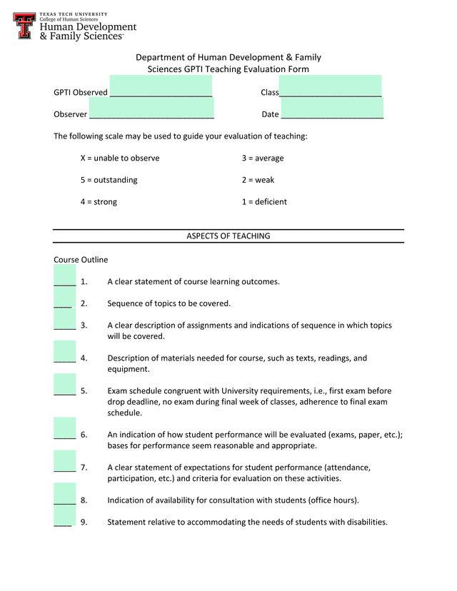 GPTI Teaching Evaluation Form screenshot