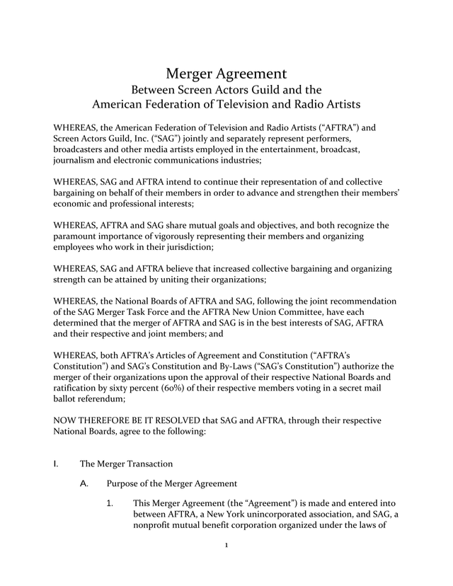 Merger Agreement Between Screen Actors Guild And The American Federation Of Television And Radio Art screenshot