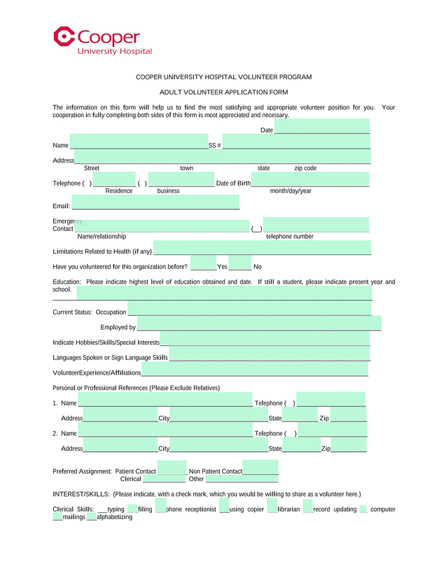 Cooper University Hospital Volunteer Program Adult Volunteer Application Form screenshot