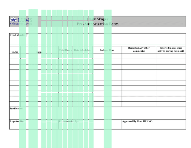 Daily Wager Pre Authorization Form screenshot