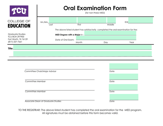 Oral Examination Form (For Non Thesis MED) screenshot