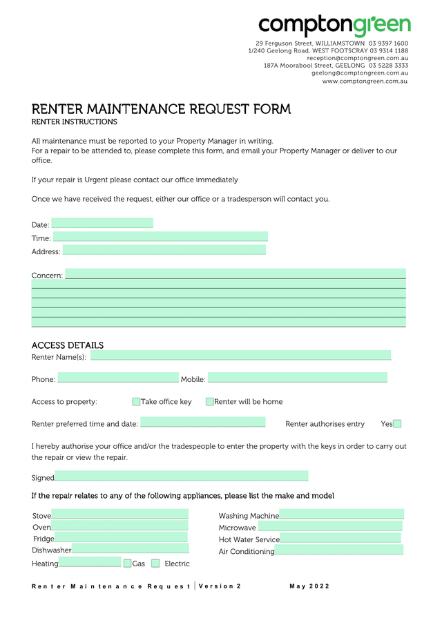 Renter Maintenance Request Form screenshot