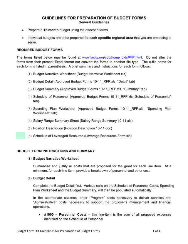 Budget Form 1 Guidelines For Preparation Of Budget Forms screenshot