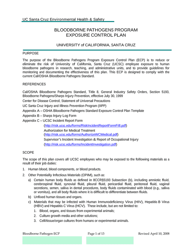 BLOODBORNE PATHOGENS PROGRAM EXPOSURE CONTROL PLAN screenshot