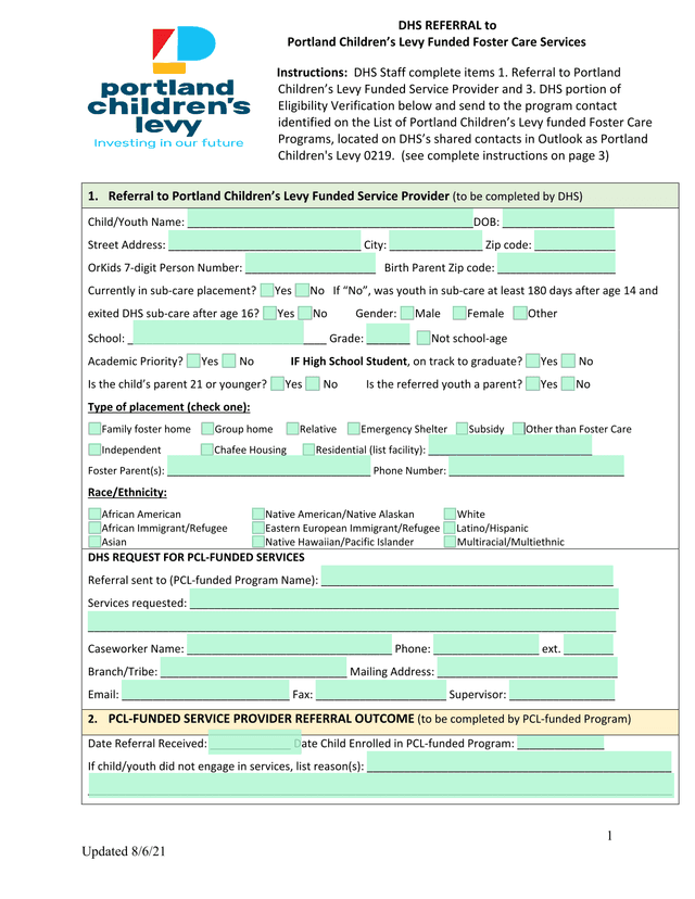 DHS Referral To Portland ChildrenS Levy Funded Foster Care Services screenshot