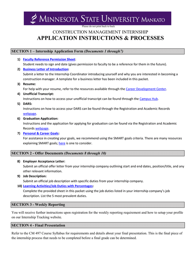 Construction Management Internship Application Instructions  Processes screenshot