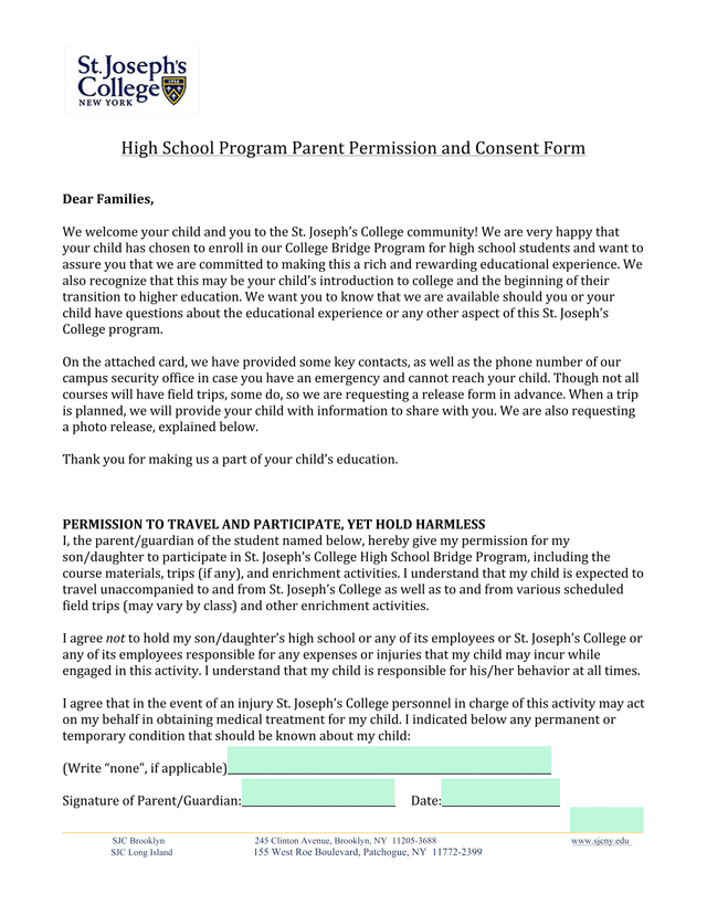 High School Program Parent Permission And Consent Form screenshot
