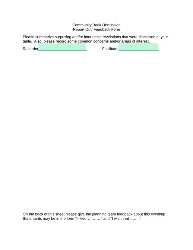 Community Book Discussion Report Out Feedback Form screenshot