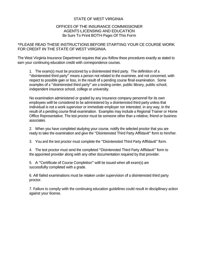 DISINTERESTED THIRD PARTY CONTINUING EDUCATION AFFIDAVIT screenshot