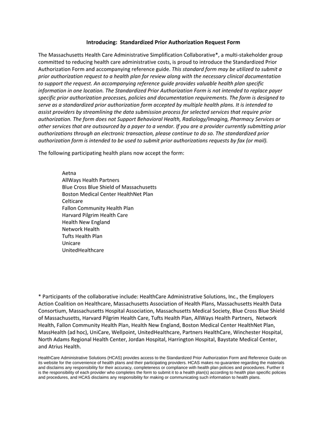 Standardized Prior Authorization Request Form screenshot
