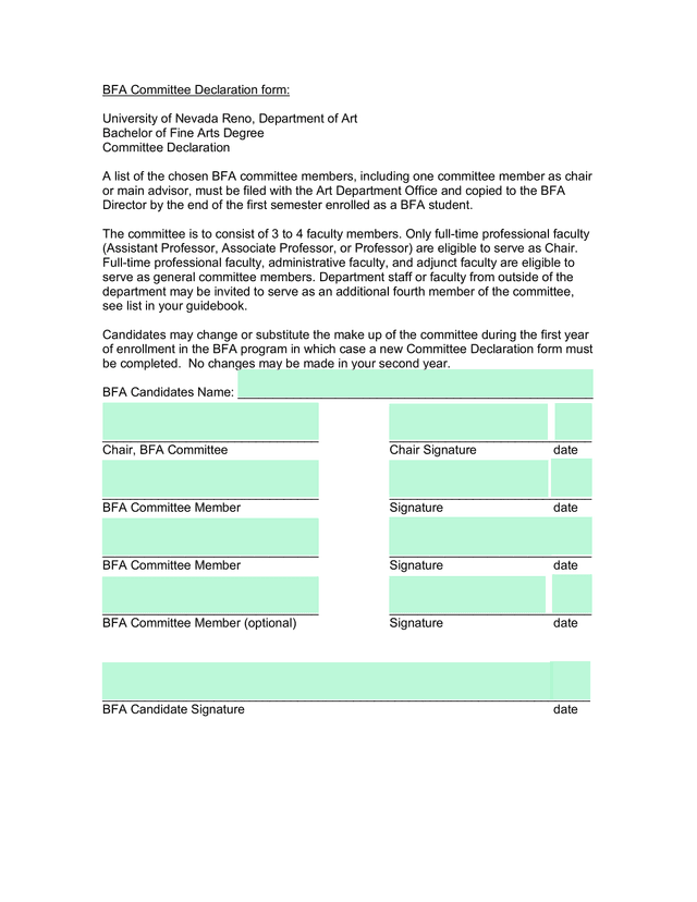 BFA Committee Declaration Form screenshot