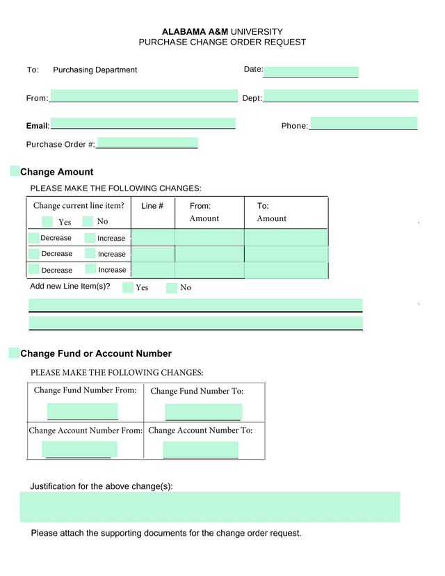Alabama AM University Purchase Change Order Request screenshot