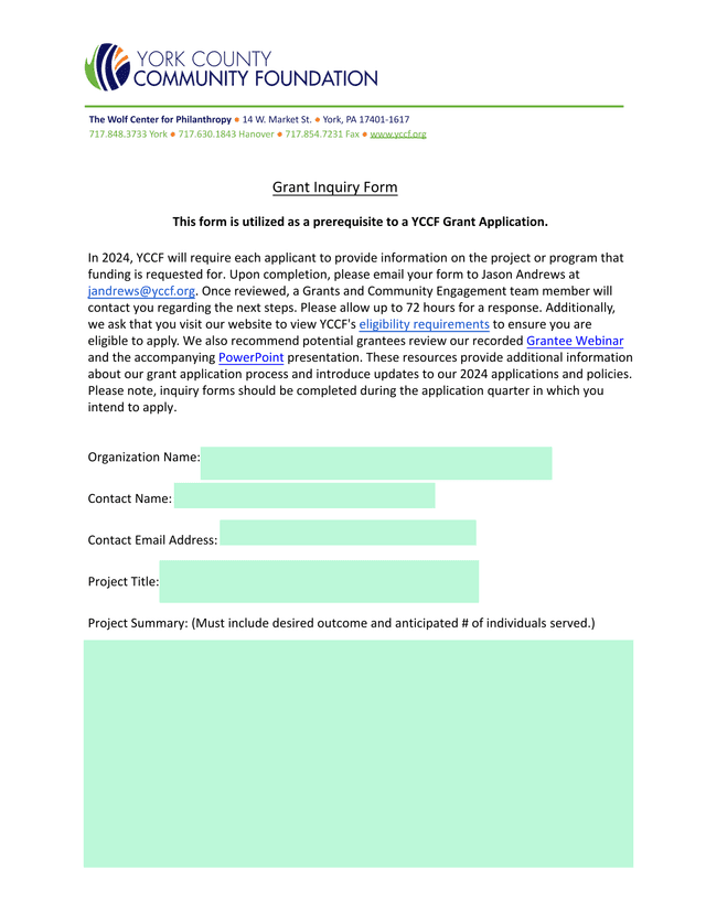 Grant Inquiry Form screenshot