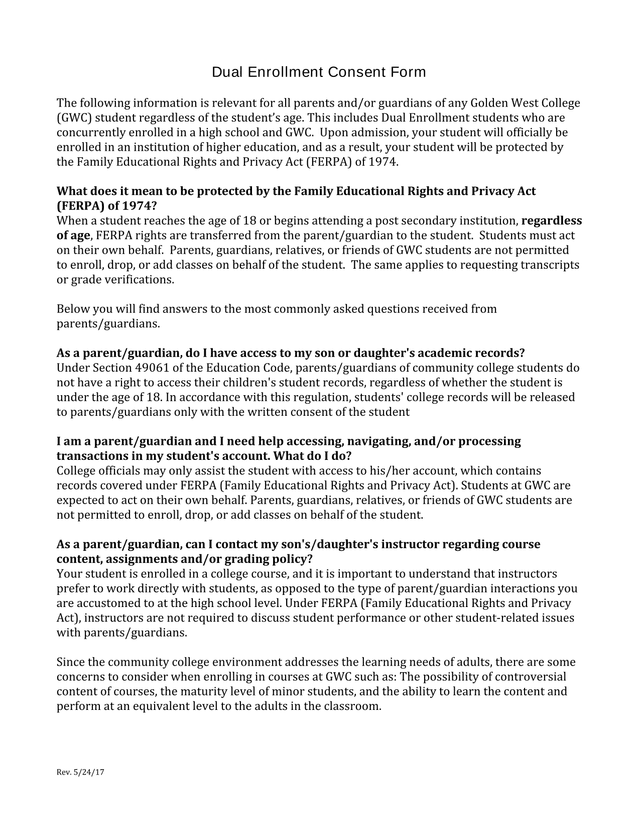 Dual Enrollment Consent Form screenshot