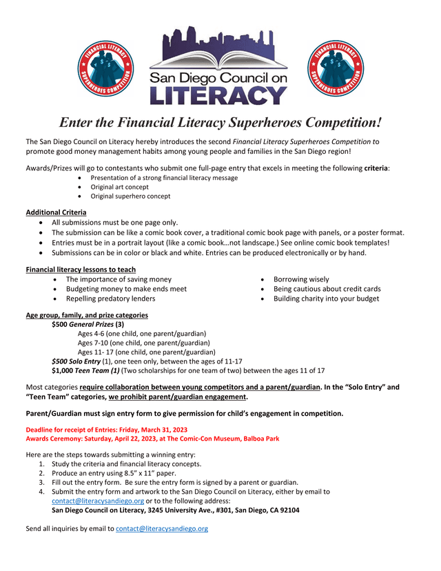 Financial Literacy Superheroes Competition Entry Form screenshot