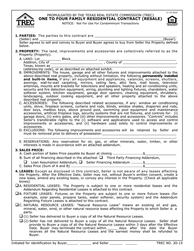 TREC NO. 20 15 ONE TO FOUR FAMILY RESIDENTIAL CONTRACT (RESALE) screenshot