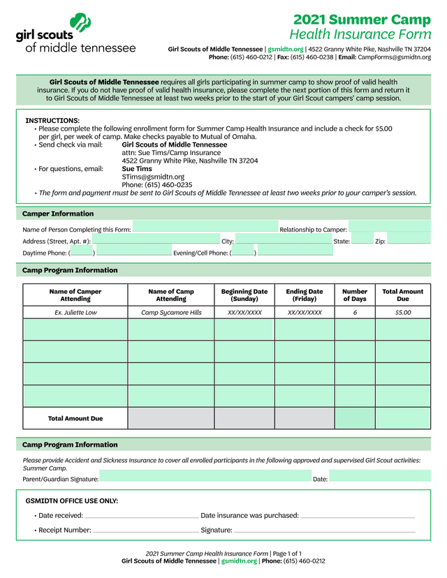 2021 Summer Camp Health Insurance Form screenshot