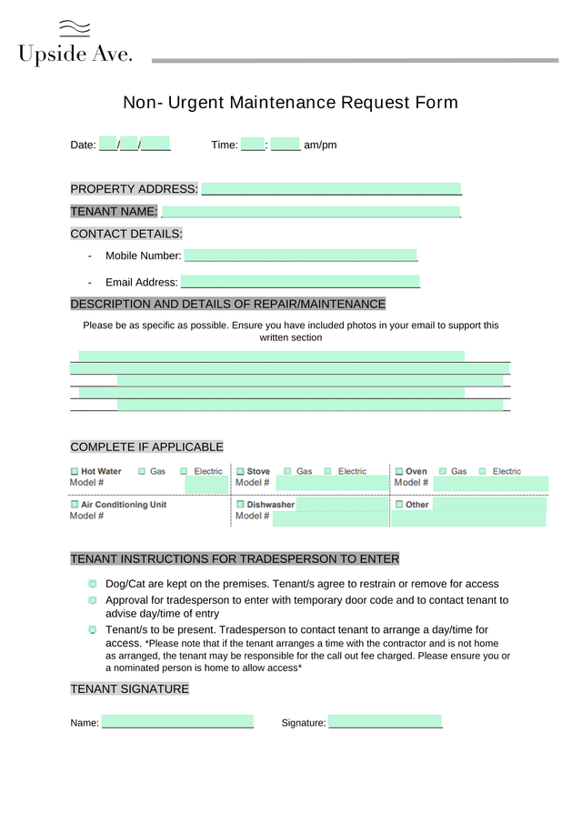 Non Urgent Maintenance Request Form screenshot