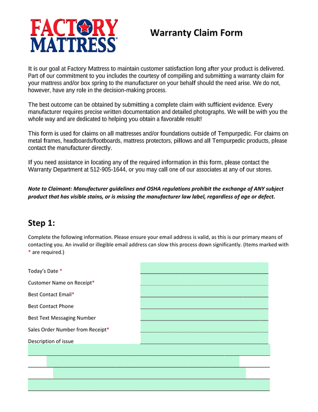 Warranty Claim Form screenshot