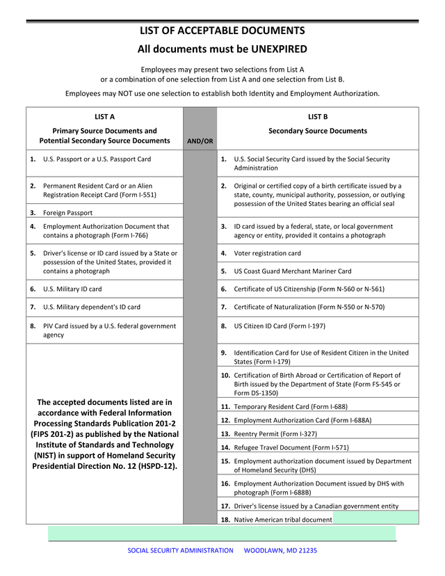 List Of Acceptable Documents screenshot