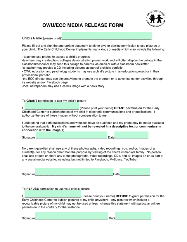 OWUECC Media Release Form screenshot
