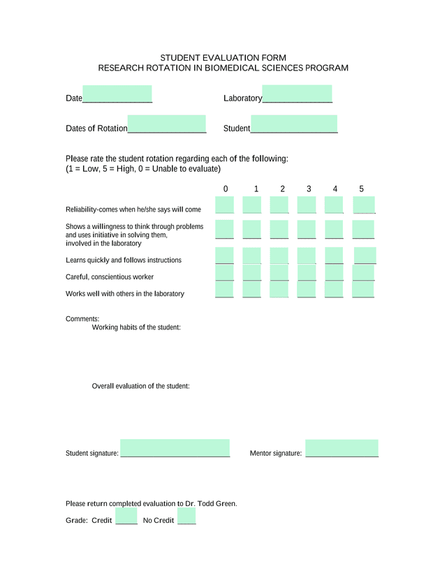 Student Evaluation Form   Research Rotation In Biomedical Sciences Program screenshot