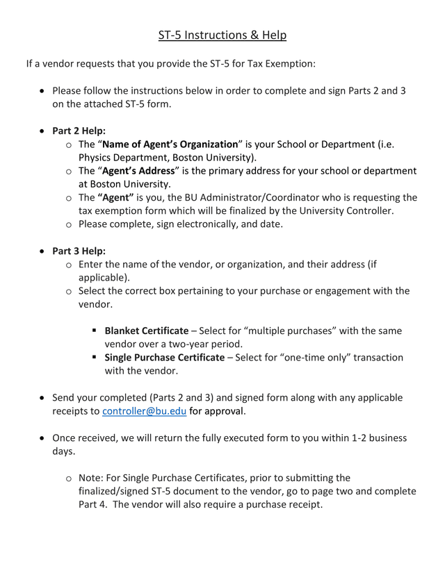 ST 5 Tax Exemption Form Instructions screenshot