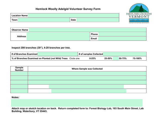 Hemlock Woolly Adelgid Volunteer Survey Form screenshot