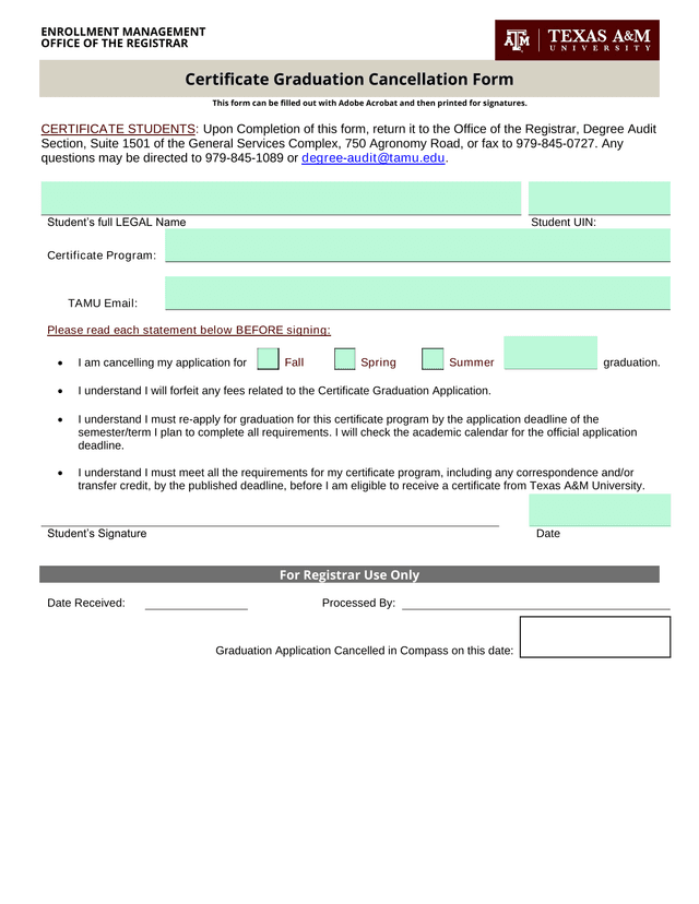 Certificate Graduation Cancellation Form screenshot