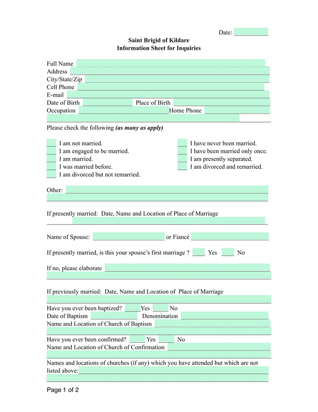 Saint Brigid Of Kildare Information Sheet For Inquiries screenshot