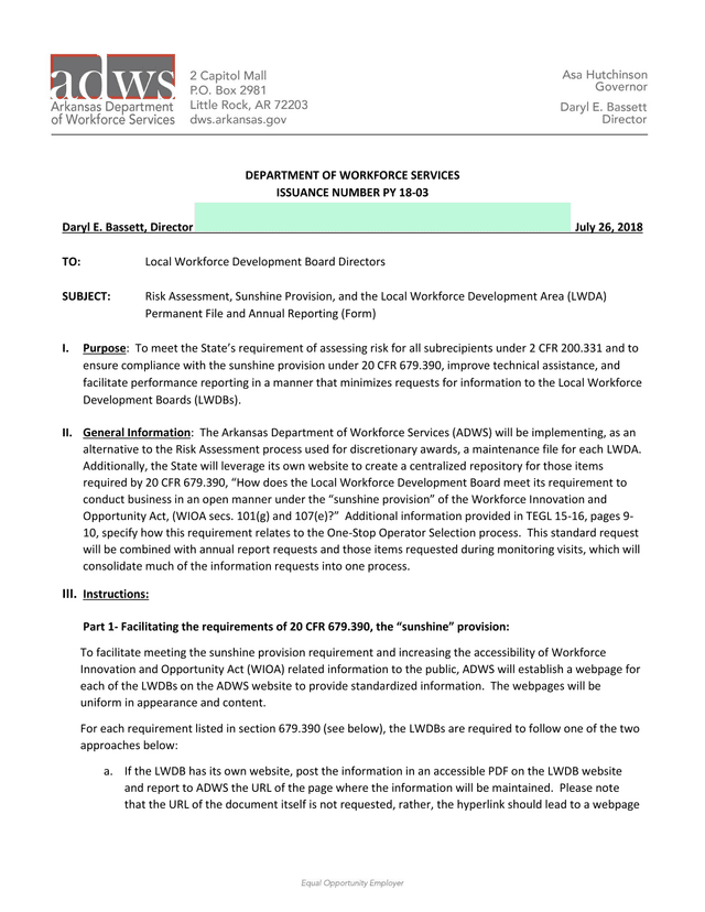 Risk Assessment, Sunshine Provision, And The Local Workforce Development Area (LWDA) Permanent File  screenshot