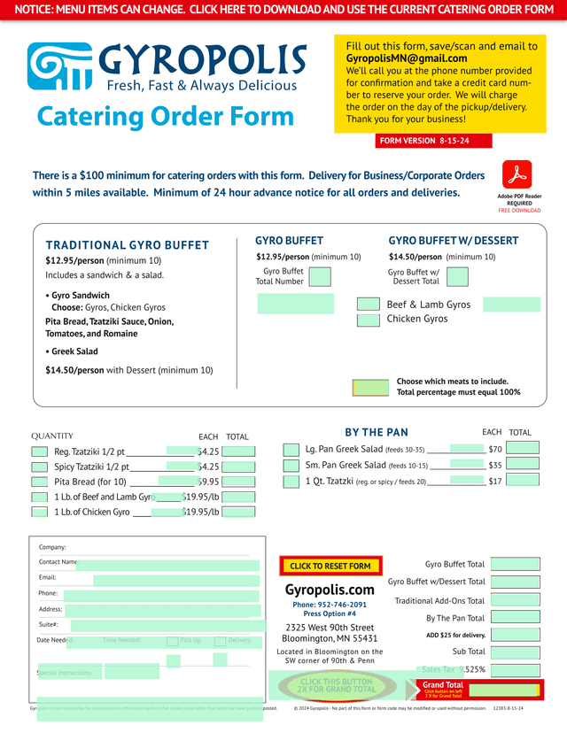 Gyropolis Catering Order Form screenshot