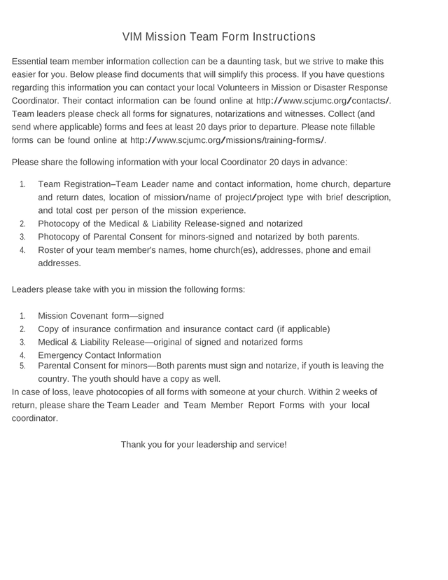 VIM Mission Team Form Instructions screenshot